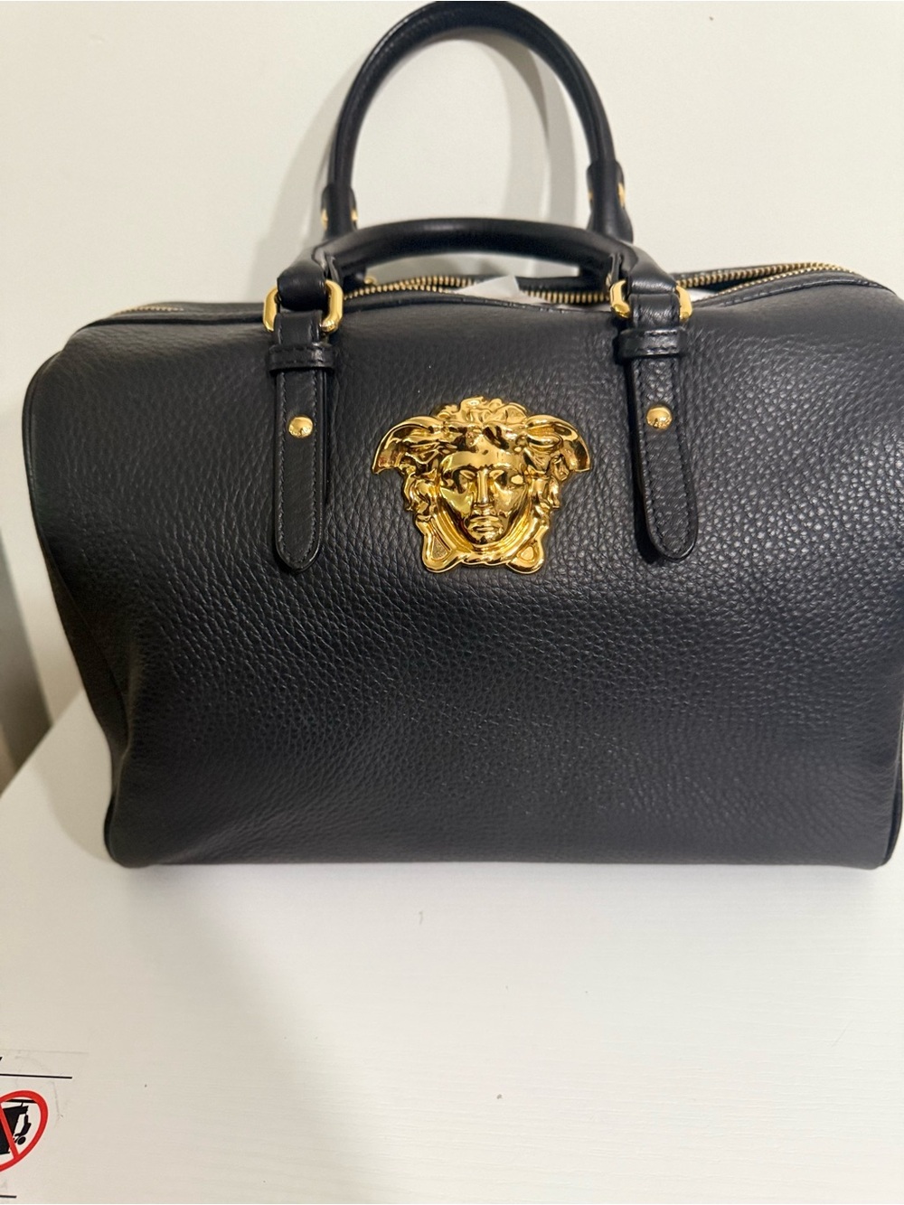 Versace Black Leather Duffel with Gold Medusa Accent